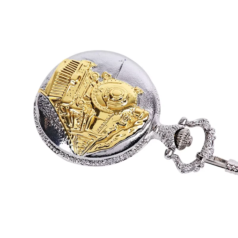1032Vintage Luxury Silver and Gold Large Locomotive Open White Digital Pocket Watch with Chain
