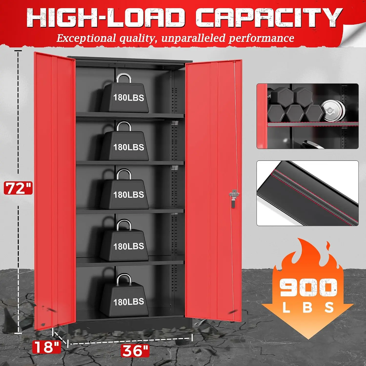 Heavy Duty Metal Garage Storage Cabinet, Steel Locking Utility Closet with 2 Doors and 5 Adjustable Shelves for Home Office Workshop Tools Organization, Black view 3