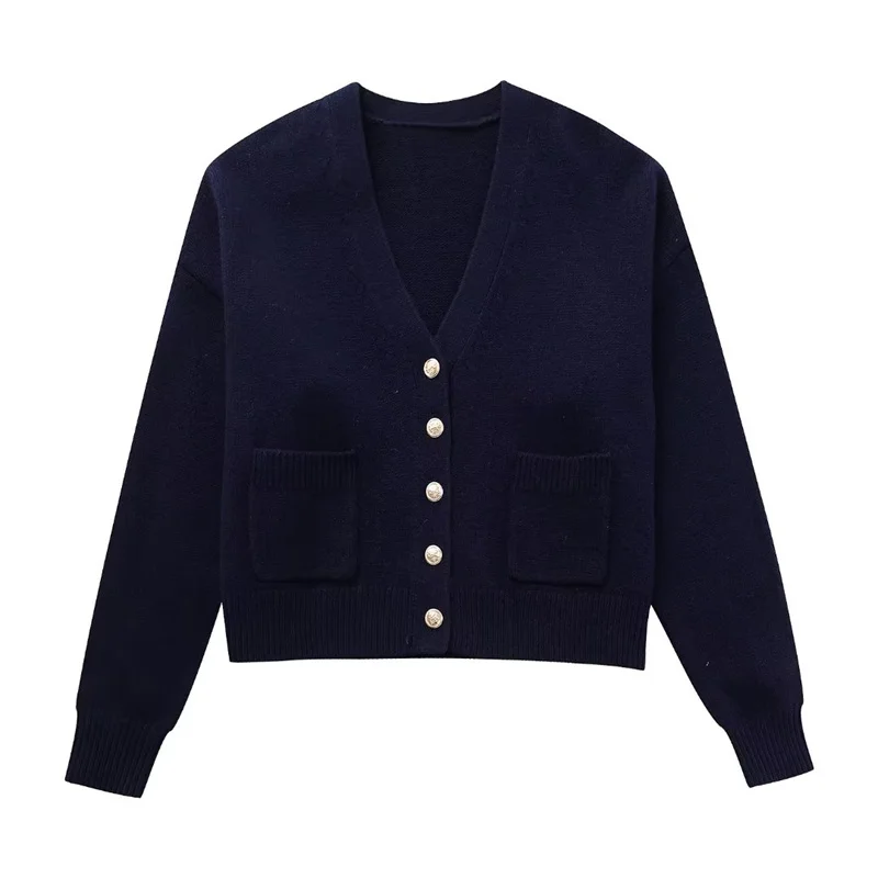 

Woman Loose Navy Blue V Neck Knit Cardigan 2023 Autumn Female Vintage Golden Button Knitted Cardigans Ladies Solid Knitwear