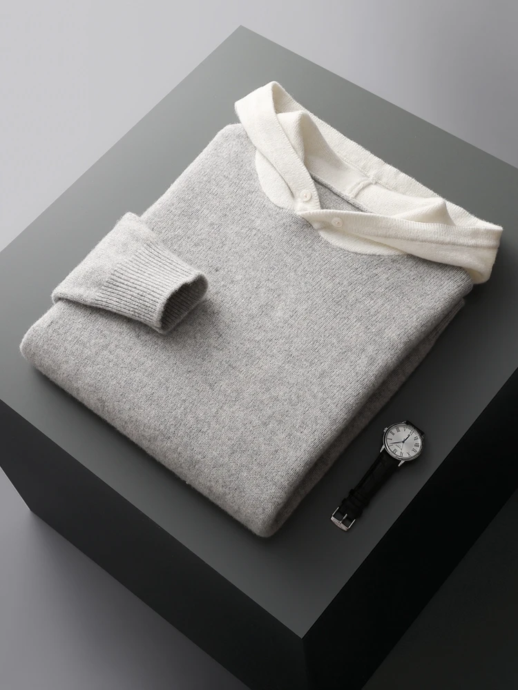 

TLOML New Men's 100% Merino Wool Knitwear Hooded Pullover Autumn Winter Soft Warm Thick Cashmere Sweater Casual Loose Style Tops