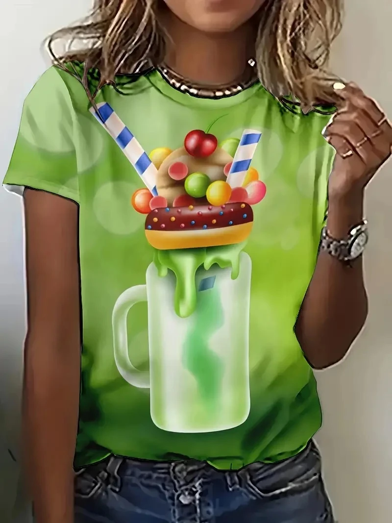 

Новая женская удобная и минималистичная футболка в уличном стиле с модными и вкусными напитками и 3D-принтом с короткими рукавами