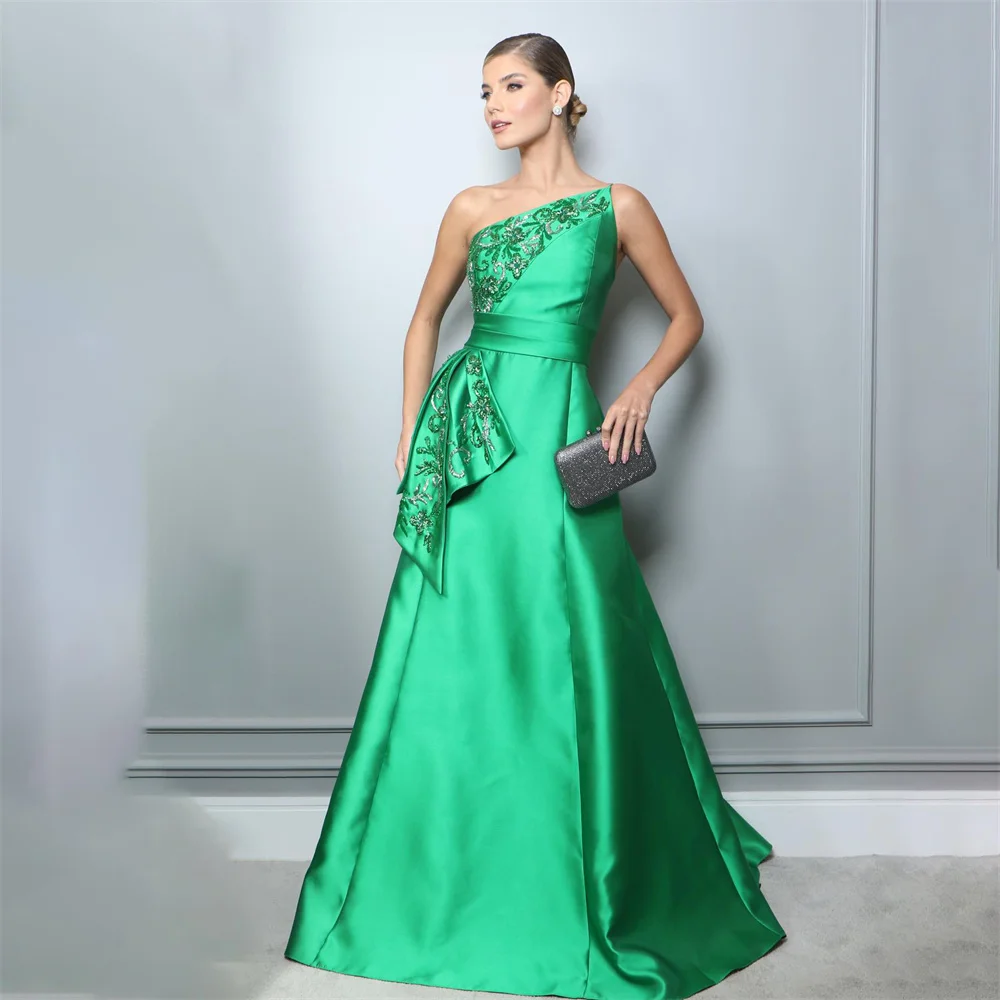 Lily A Line One Shoulder Chic Woman Evening Dress Gown Green Ball Gown Stain Embroidery Night Dresses Gown Custom robes de soiré