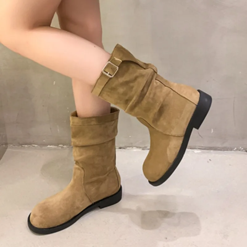 Women\'s Boots 2024 New Pleated Design Fashion Boots Solid Color Retro Street Casual Slip-on Botas Femininas Women\'s Rock Zapatos