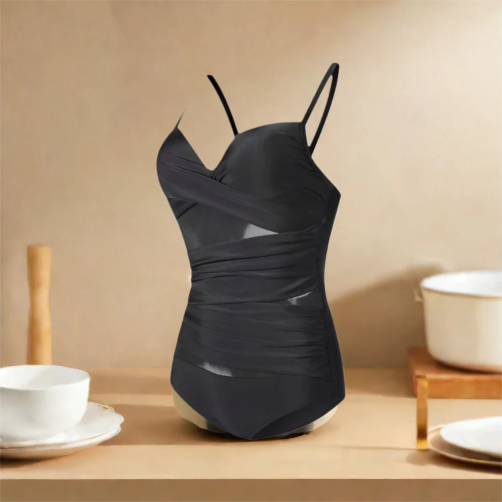 

Simple Transparent Slim Fit Swimsuit V-neck Mesh Bathing Swimwear Suit Pleated Beachwear Clothing Jumpsuit Bikini Beach