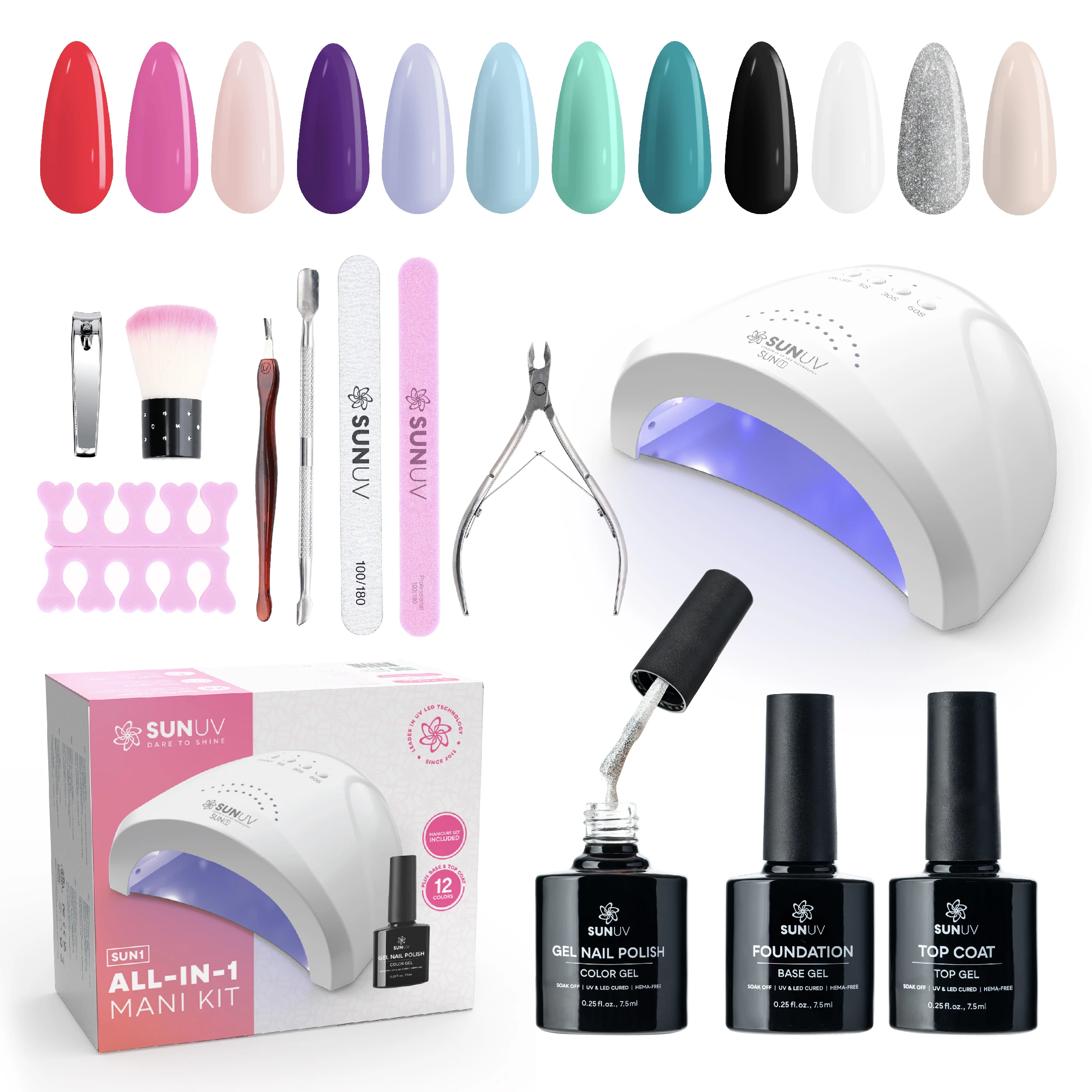 SUNUV gel nagellakset met UV-licht 48W nagellamp, 12 kleuren nagelgelset, basis en glanzende toplaag gelnagelset manicure