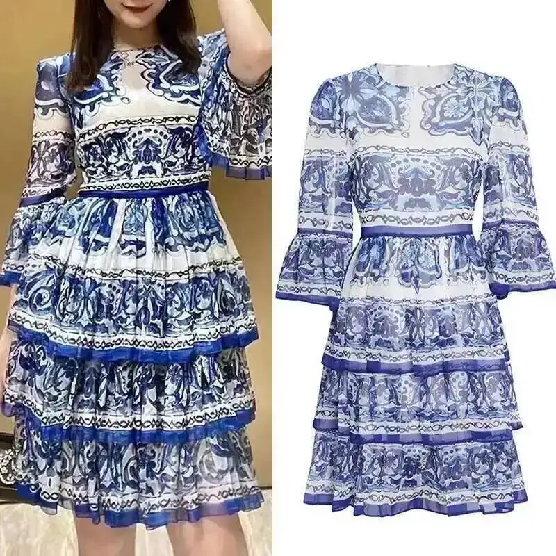 Women Dress Runway Summer Clothes Midi Dress Spaghetti Strap Blue White Porcelain Elastic Bust A-line Vintage Long Dresses