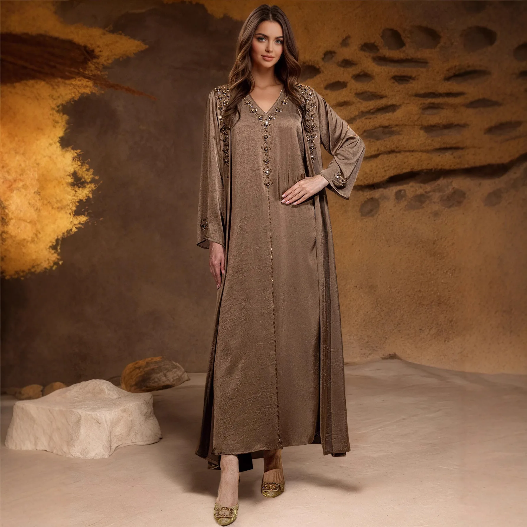 Diamond Kimono Cardigan with Inner Dress Muslim Set Dubai Women Party Dresses Turkey Kaftan Ramadan Jalabiya Islam Clothing Robe