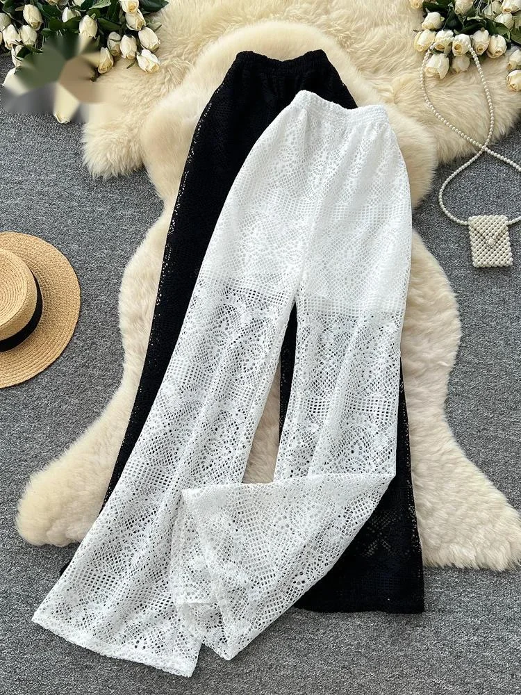 

Lace Hollow Out Trousers Summer Women Simple Edgy Sheer Stretch Waist Slim Fashion Vacation Office Lady Wide Leg Pants