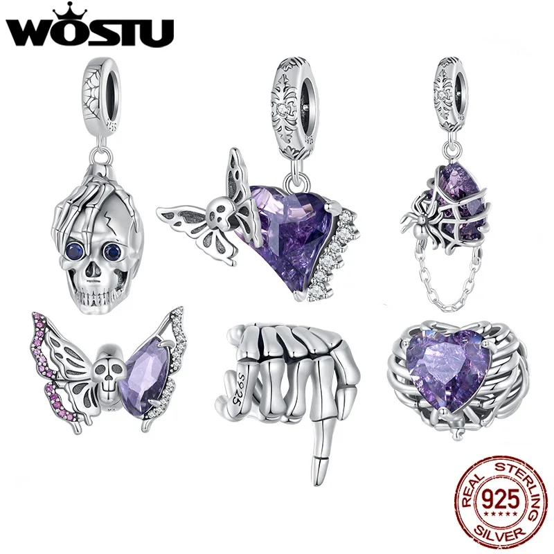 WOSTU 925 Sterling Silver Halloween Gift Purple Pendant Punk Skeleton Hand Bead Skull Butterfly Charm Fit DIY  Bracelet Necklace