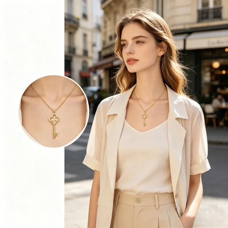 CHHC Women Copper Alloy Key Pendant Necklace Shell Inlaid Clover Key Shape Adjustable Chain Neck Jewelry