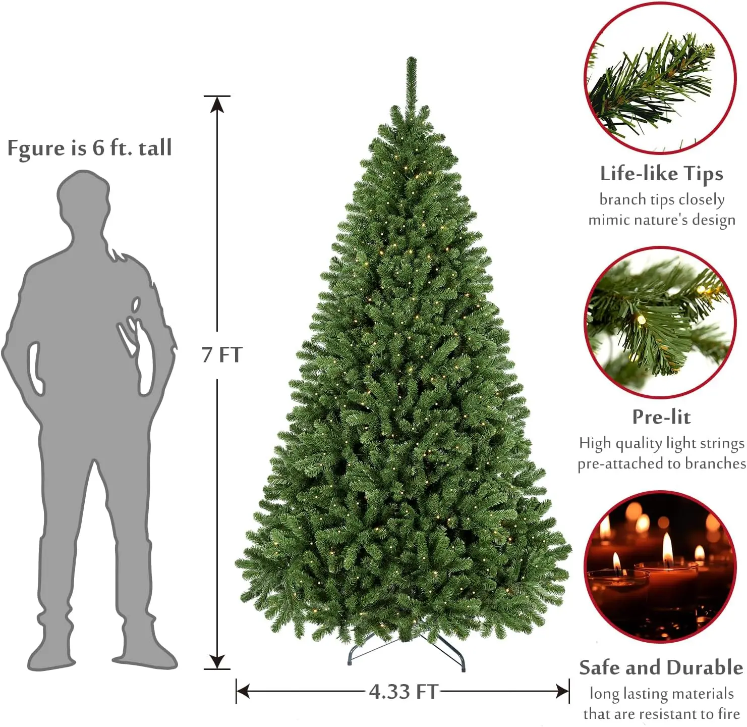 7 Feet Christmas Tree, Pre-lit Premium Spruce Hinged Artificial Christmas Tree with 400 Lights, 1121 Branch Tips