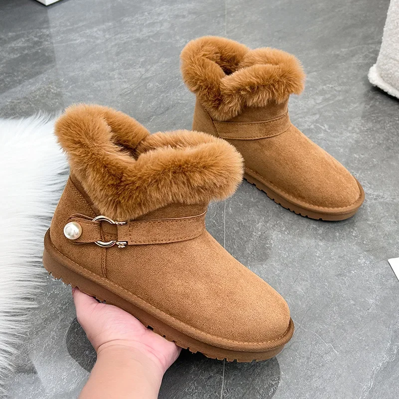 Ankle Ladies Snow Boots Chunky Round Toe Brown Female Shoes Platform Suede Boot Furry Hot Work Spring Autumn Protective Booties