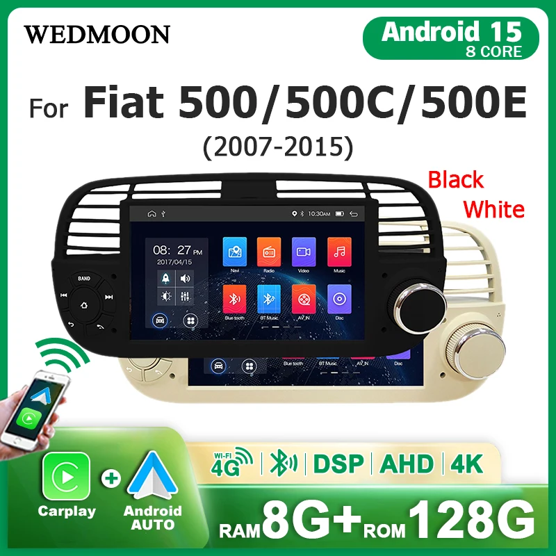 Écran 7 pouces sans fil Carplay Android 15, accessoire automobile stéréo pour Fiat 500/500C/500E 2007-2015, autoradio Bluetooth, système intelligent, lecteur multimédia 2 DIN, GPS, WIFI, 4G