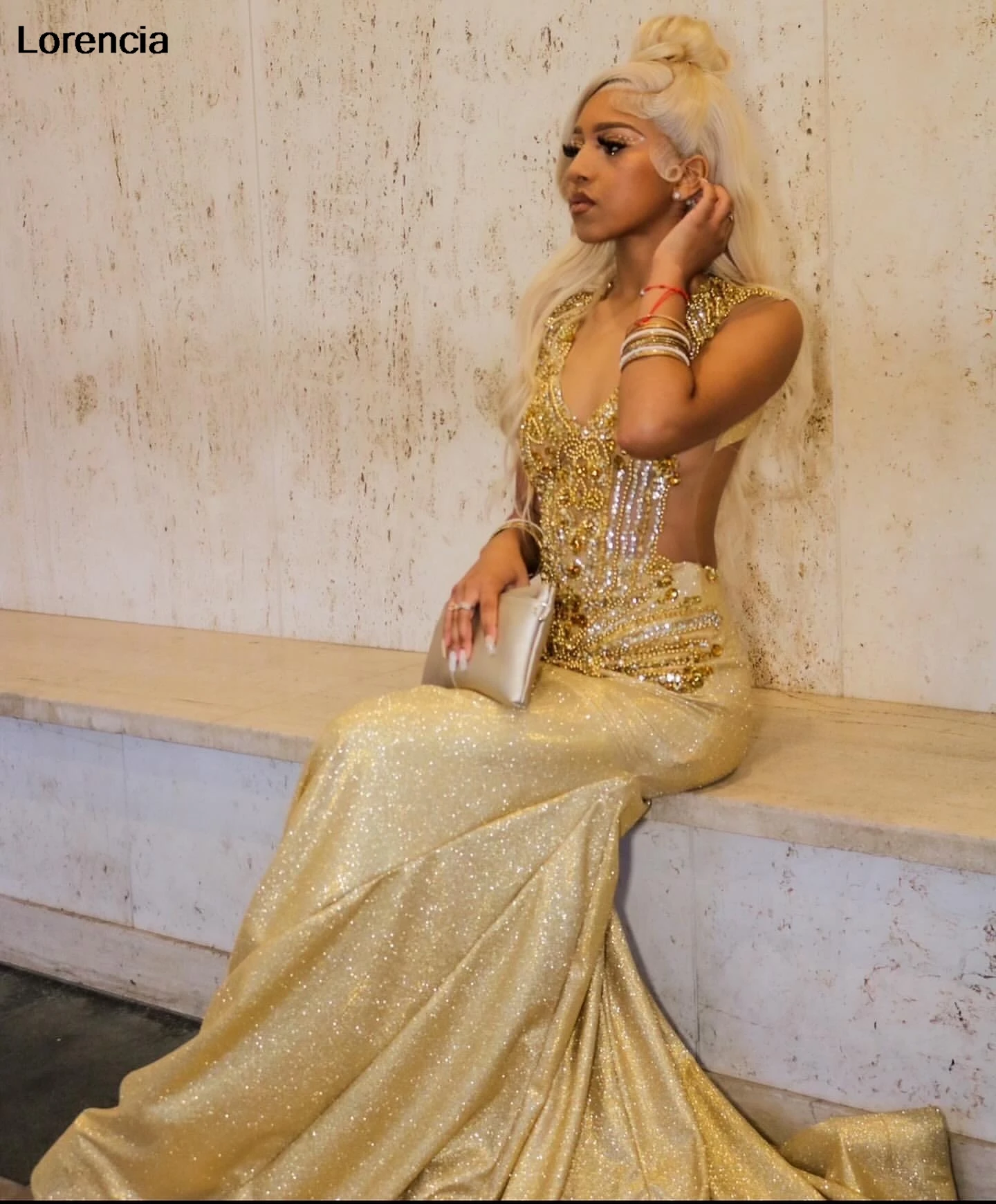 Customized Gold Sequin Mermaid Prom Dress 2024 Blackgirls Rhinestones Crystal Birthday Party Gala Gowns Vestidos De Festa YPD119