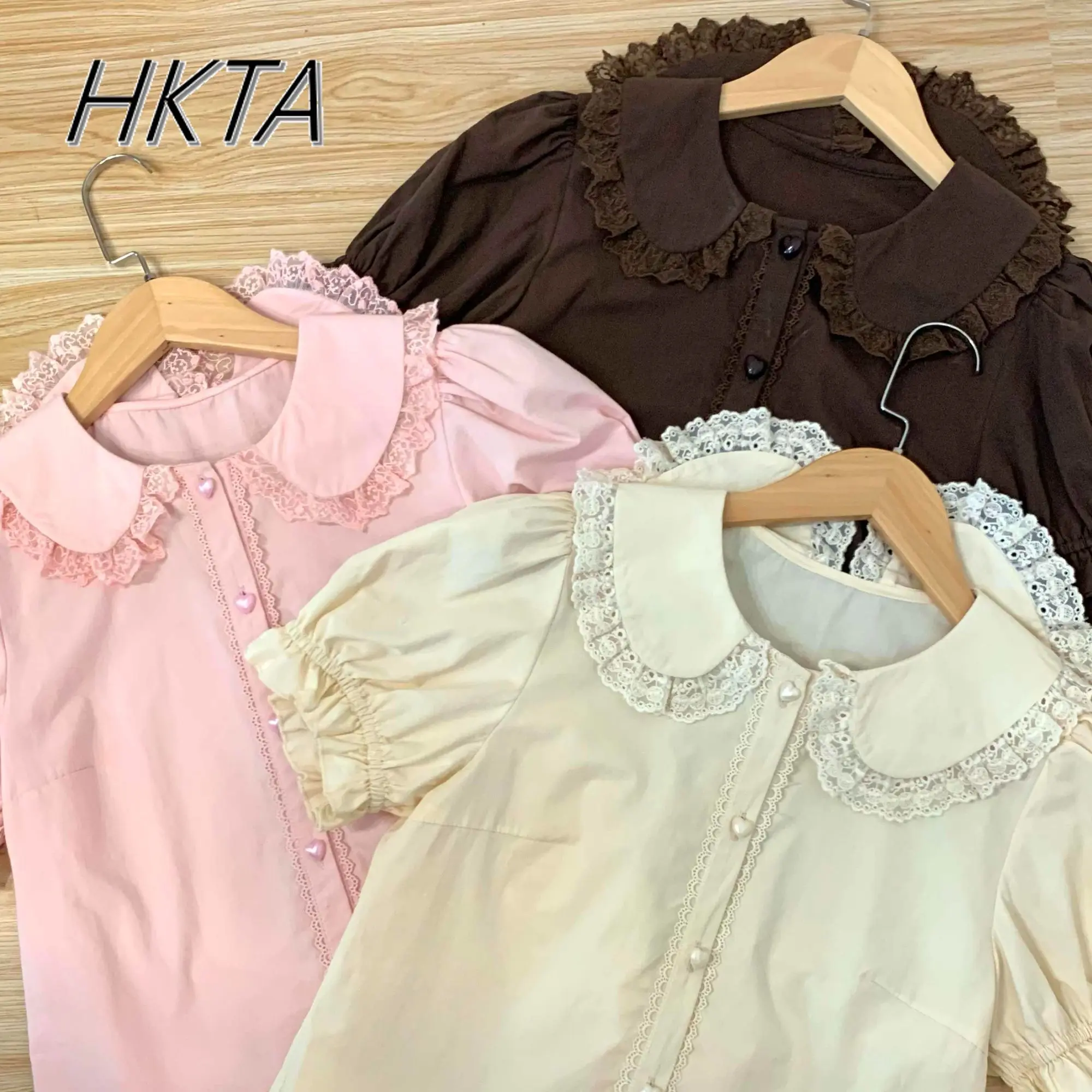 

Lolita Sweet Cute Bubble Short Sleeve Doll Collar Shirt Inside Women Ruffle Edge Versatile Lace Splicing Pleat Pink Blouse Girl