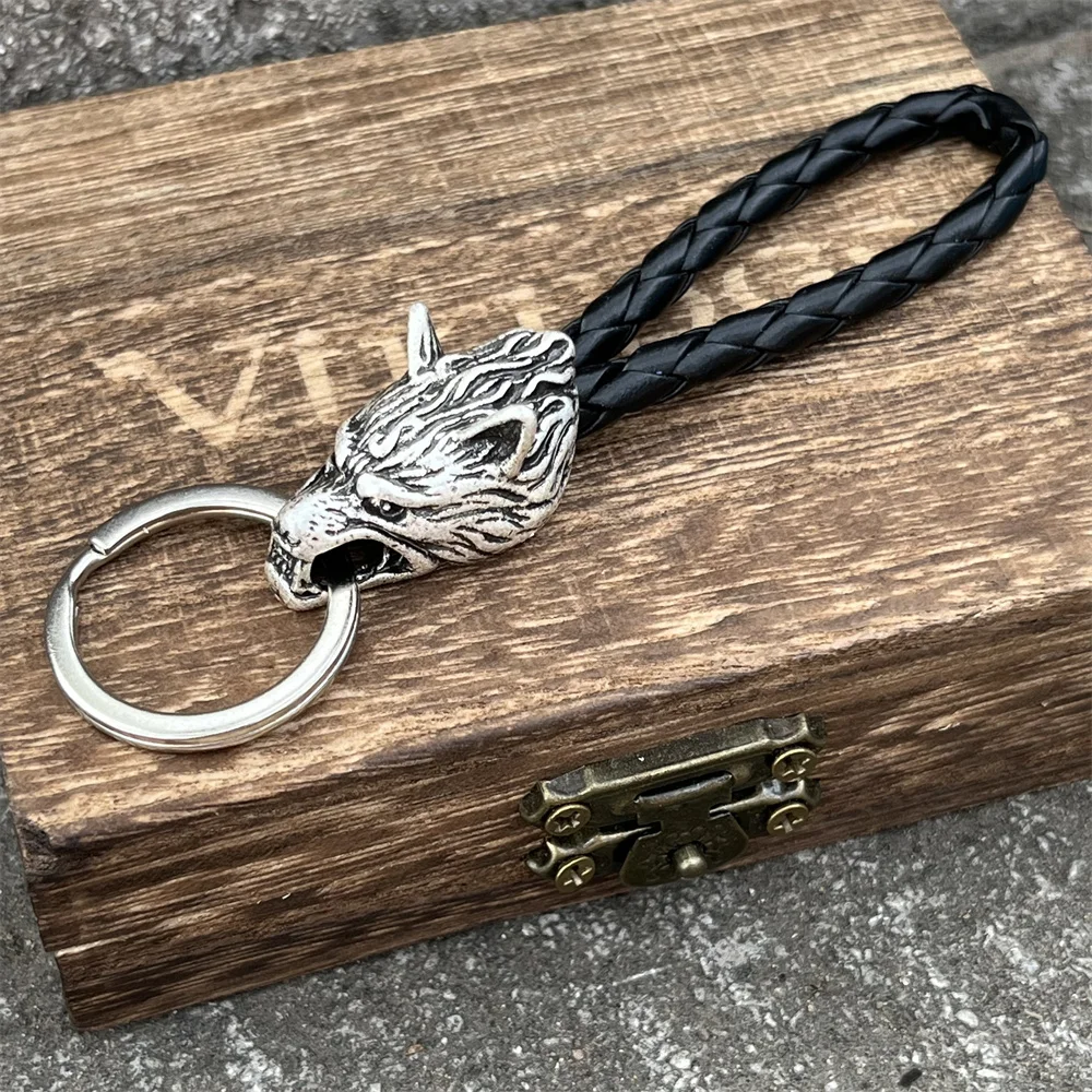 Nostalgia 1Pcs Wolf Amulet Jewelry PU Braided Woven Leather Keychain Viking Accessories Key Ring For Knife Car Decoration