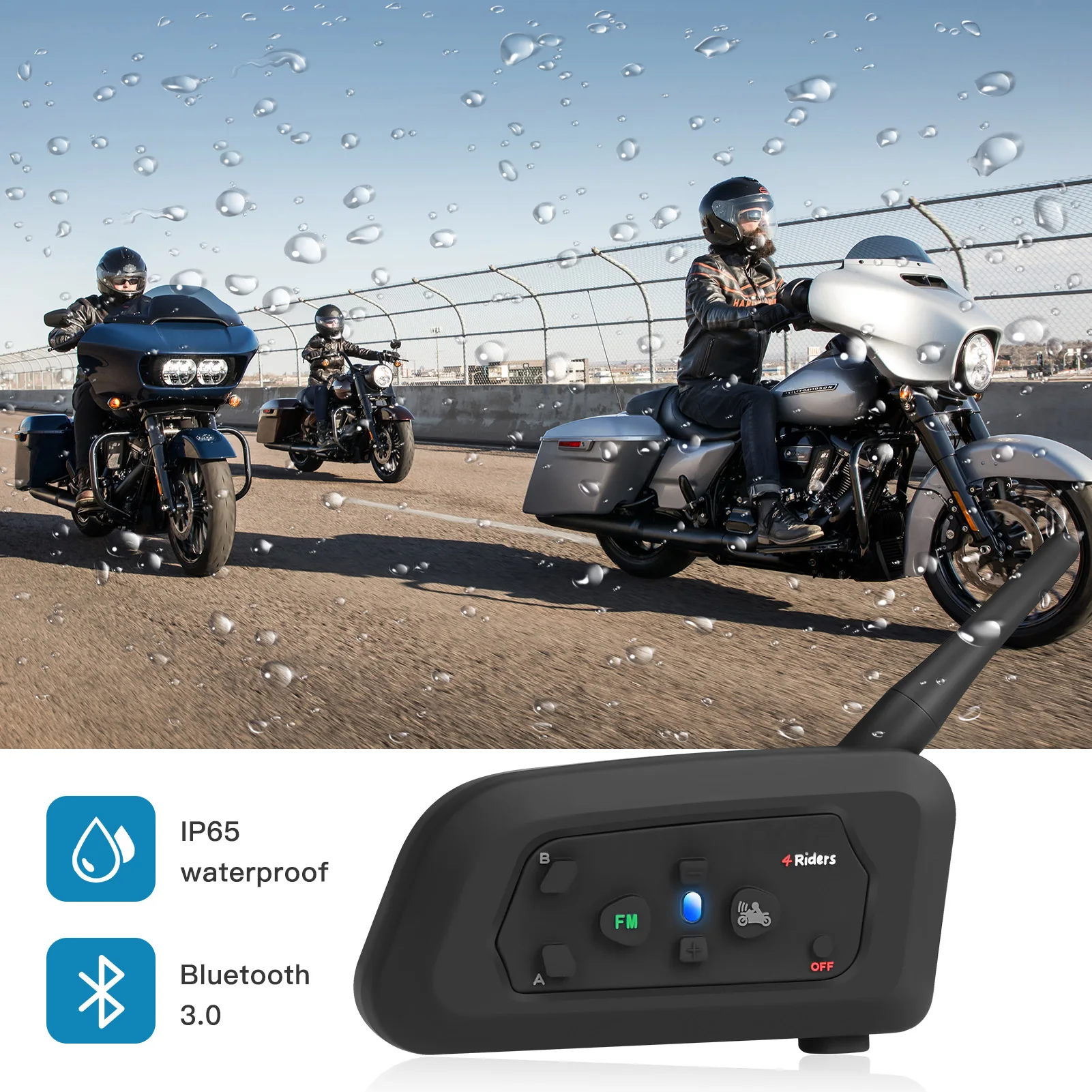 V4 PRO Motorcycle Helmet Bluetooth Intercom Headset 1200M 4 Riders Full Duplex Interphone With Fm Radio Waterproof Communicator