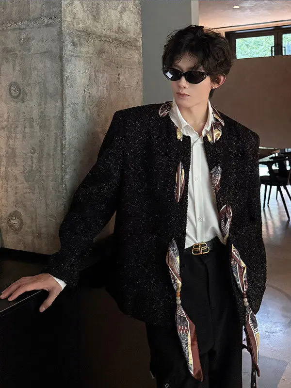 

Faionable Urban ort Silk Scarf Bule Jaet Men's Loose Fit Sli Pad oulder Jaet Coat Design Stand Fit Long Sl...