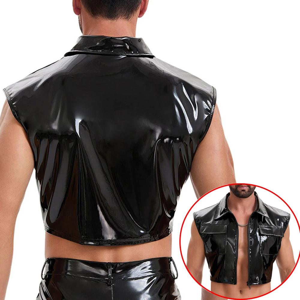 Black Mens Shiny PVC Leather Crop Tops Turn-down Collar Zipper Mini Jacket Vest Punk Street Wear Male Dance Club Stage Waistcoat