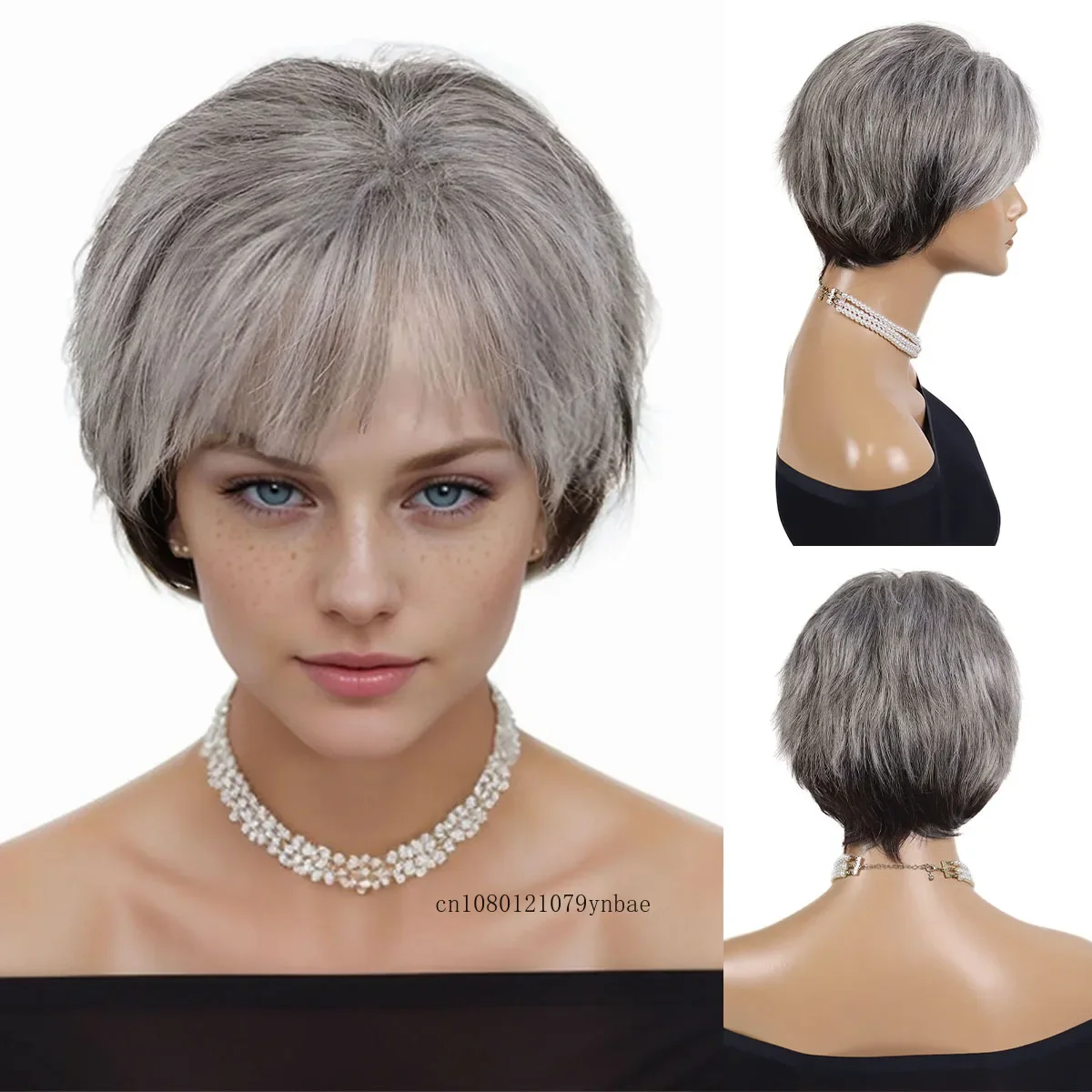 

Old Women's Grey Mix Black Synthetic Wig for Grandma Short Natural Wavy Wigs with Bangs Daily Use Costume Party Heat Resistant