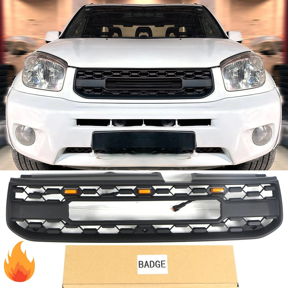 Frontgrill mit Beleuchtung passend für Toyota RAV4 2004-2005 Mattschwarzer Grill 2001-2008