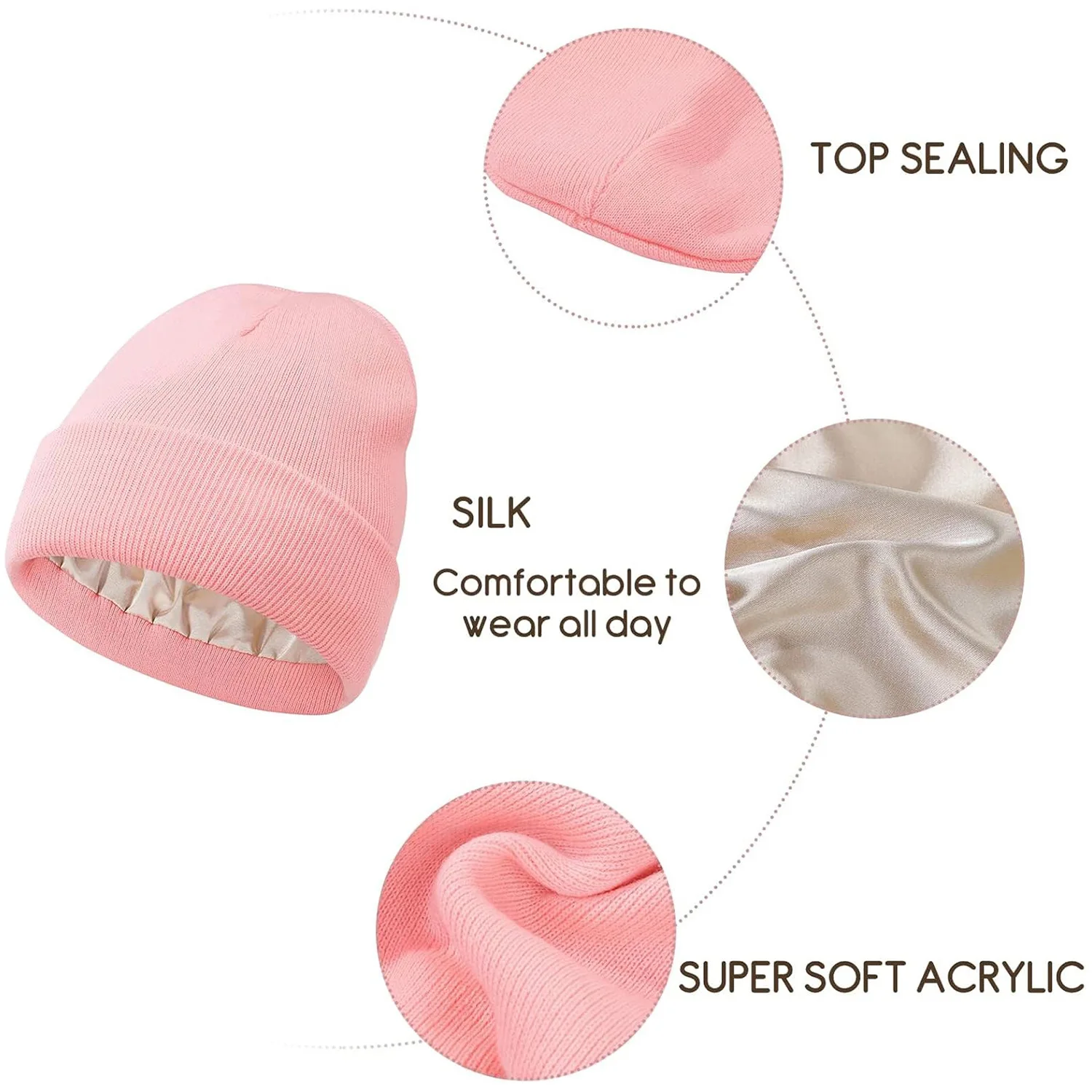 Satin Lined Knit Beanie for Women, Autumn Winter Warm Hair Protection Knitted Hat, Fashion Cross-Border Casual Thermal Skull Cap