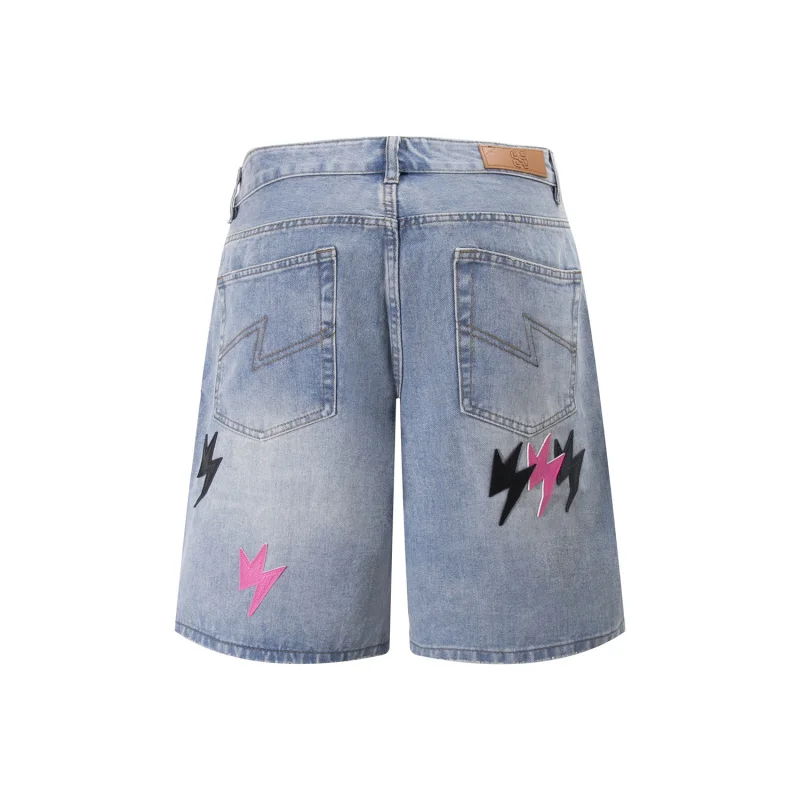 

1392 American street lightning car leather denim shorts men's tide high street niche design loose straight trousers