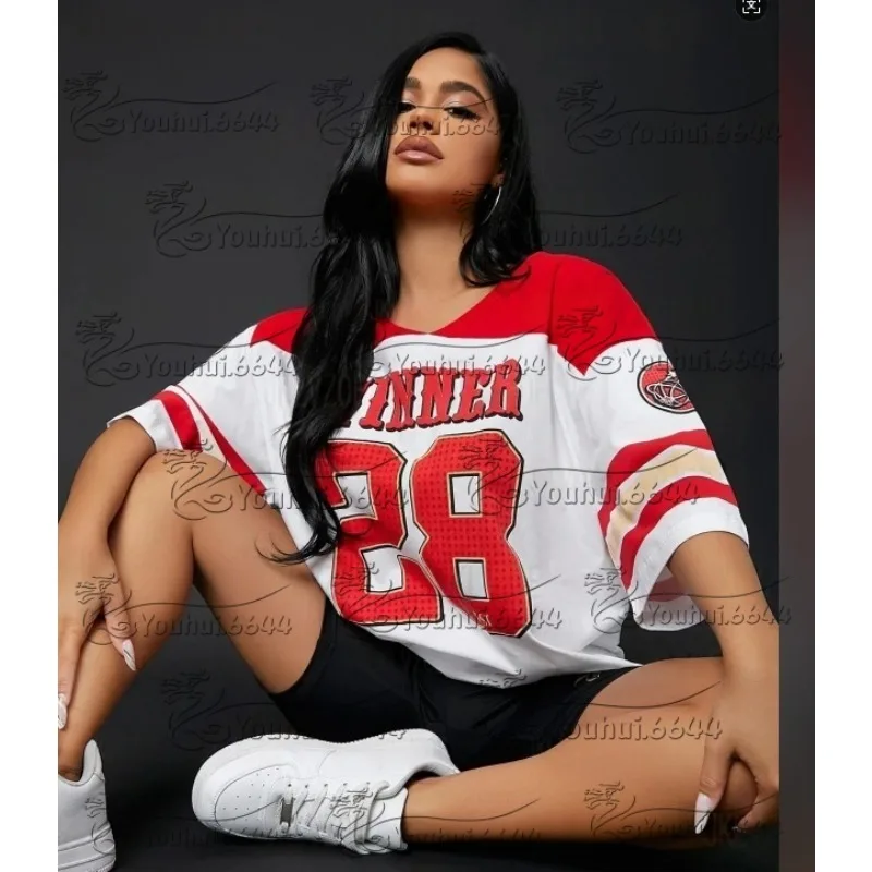 

Women Football Baseball Jersey Short Sleeved T-shirt Loose Fashionable Breathable Quick Drying Oversized Pajamas Top Clothe MOTO