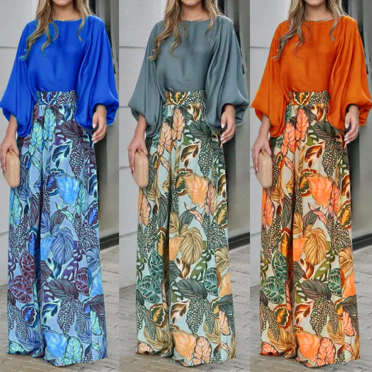 

2024 New Summer Women's Fashion and Elegance Casual Commuter Set Lantern Sleeves Loose Top Printed Wide Leg Pants Two Piece Set