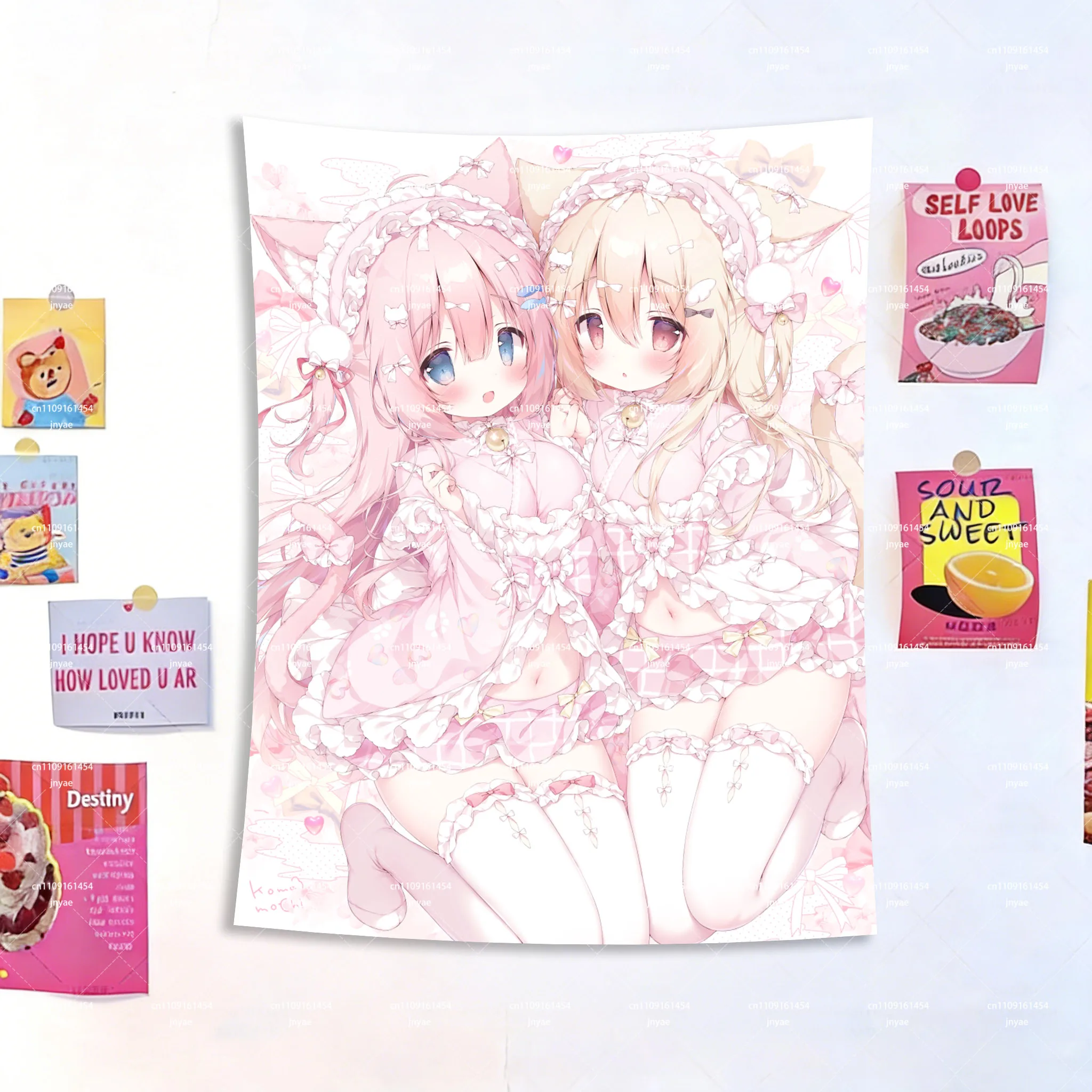 2D Anime-Mädchen Wandteppich, Super Niedlicher Kawaii Gaming-Stil, Rosa Themen-Wandbehang, Bedruckte Kunst für Schlafzimmer Innenbereich Heimwand