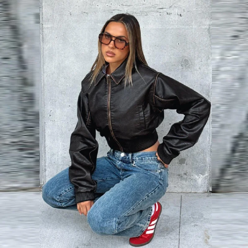 여성 패션 빈티지 라펠 숏 가죽 재킷 캐주얼 루즈 지퍼 코트 2025 가을 여성 클래식 스트릿웨어 출퇴근 코트