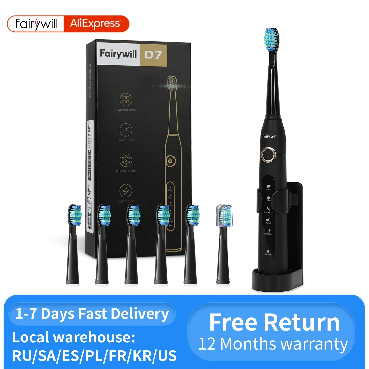 

Электрическая звуковая зубная щетка Fairywill с зарядкой через USB FW-507, перезаряжаемые водонепроницаемые электронные зубные щетки, сменные насадки для взрослых