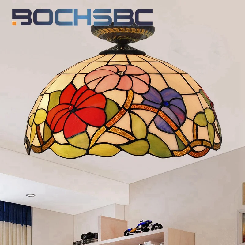 BOCHSBC Tiffany style stained glass 16inch morning glory Pendant lamp Chandelier for dining room bedroom aisle hallway LED decor