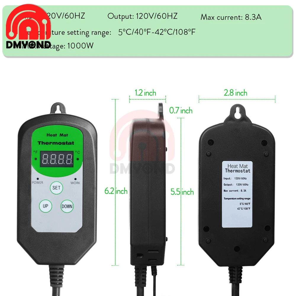 Digital Temperature Controller 1000W 8.3A Current Plant Heat Mat Thermostat for Plants Seed Germination Reptiles Pet Supplies