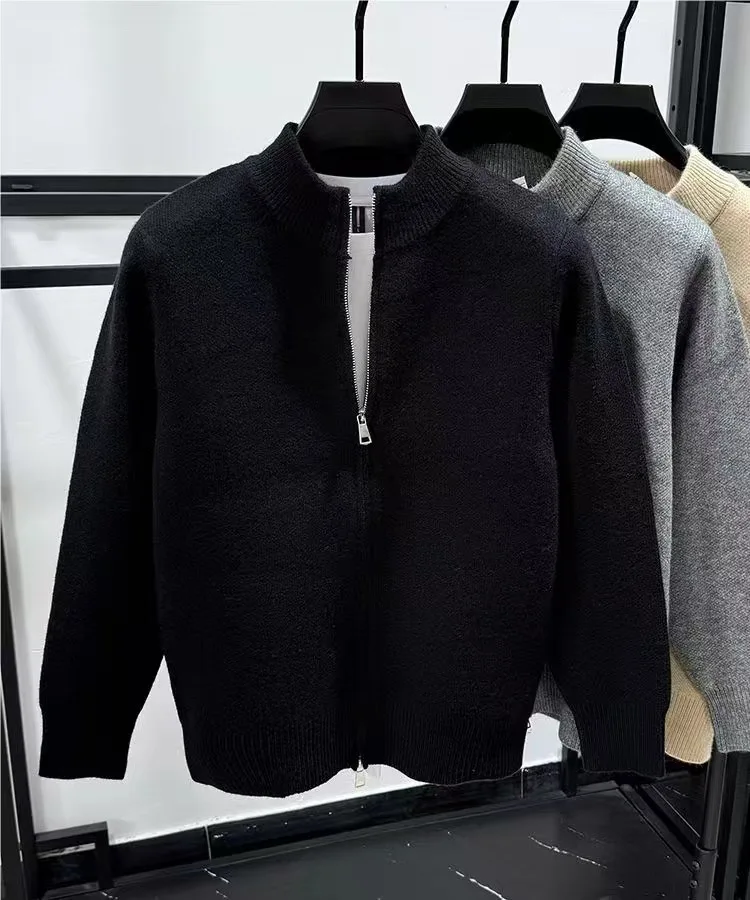 Men's Thickened Solid Color Cardigan Sweater, Winter Warm-Up Vest with Standing Collar and Zipper, Knitwear Outerwear view 4