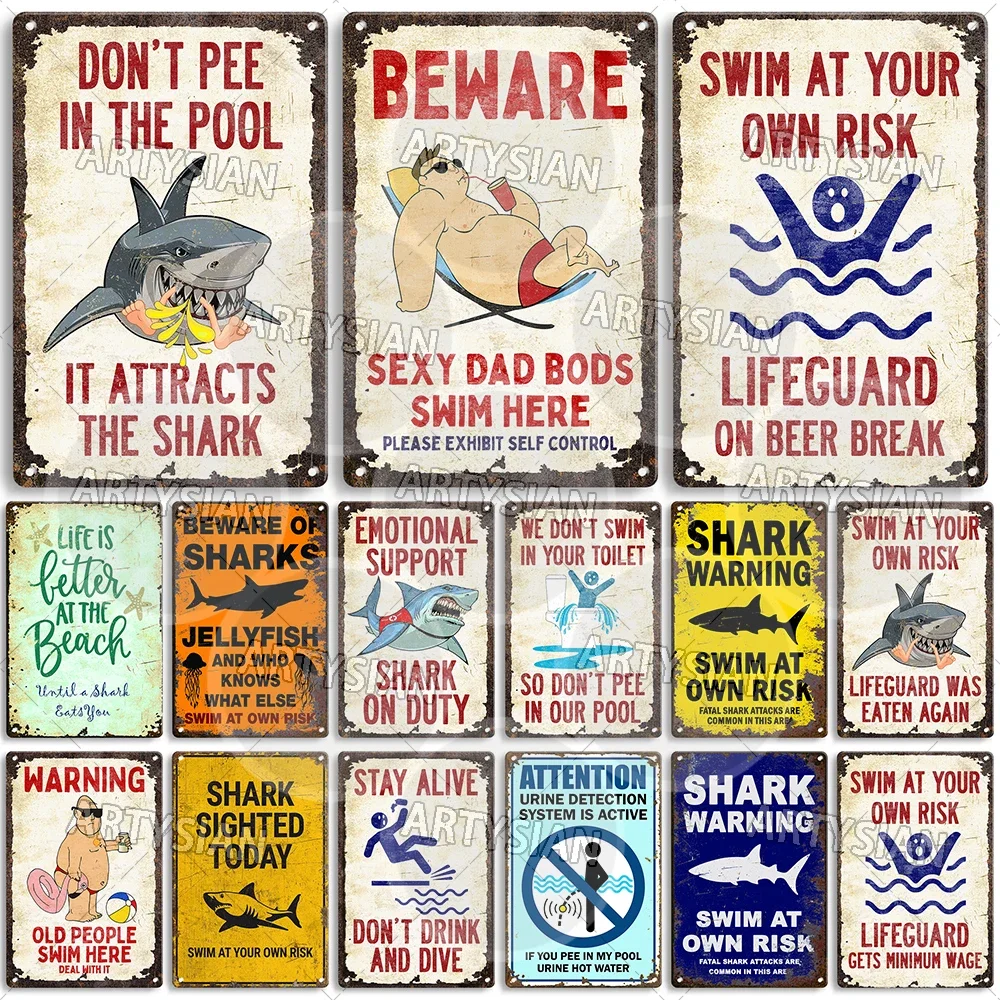 Piscina praia lago aviso sinal de metal tubarão cuidado placa natação sinal de segurança tubarão piada humor engraçado salva-vidas nadar no próprio risco
