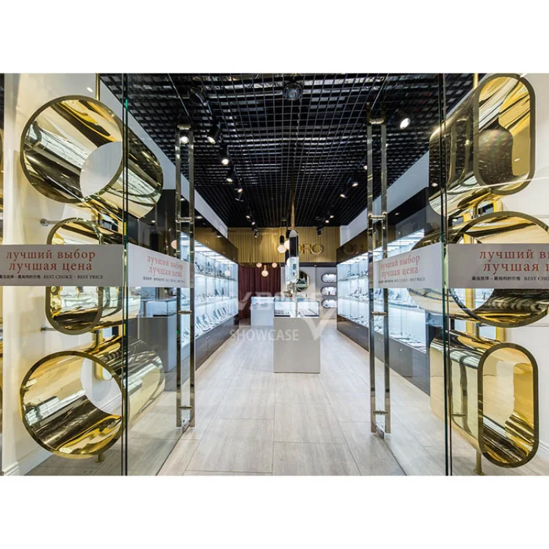 [Customized] high end luxury golden jewelry shop glass display cabinet showcase jewellery shop interior design furniture counter