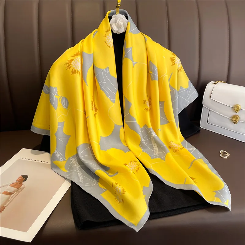 90*90cm Seiden schal Frauen beliebte Druck Foulard Satin quadratischen Kopf Hijab Luxusmarke Schal Banda nna weibliche Schall dämpfer Chiffen Wrap