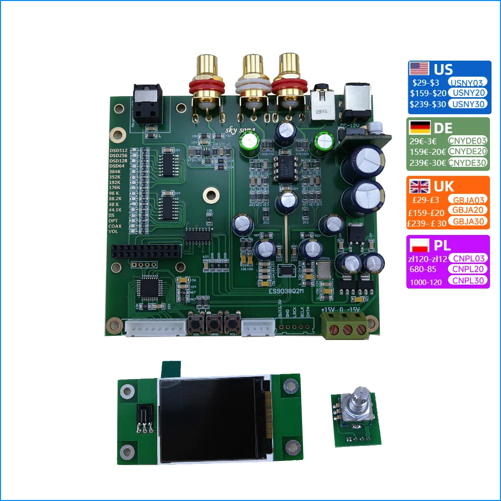 Nvarcher ES9038Q2m Decoder Coaxial Fiber USB input I2S IIS SPDIF Digital Audio DAC  Board With Screen 32bit 384k DSD256