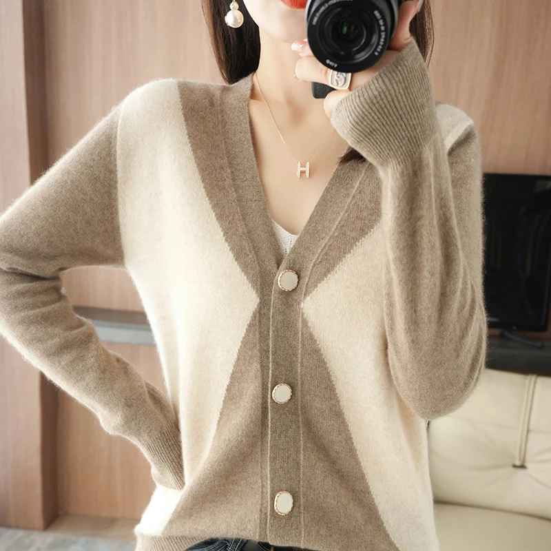 2022 Autumn Winter New 100% Pure Wool Cardigan Women's Colorblock Knitted V-neck Loose Sweater Cashmere Korean Style Coat Female