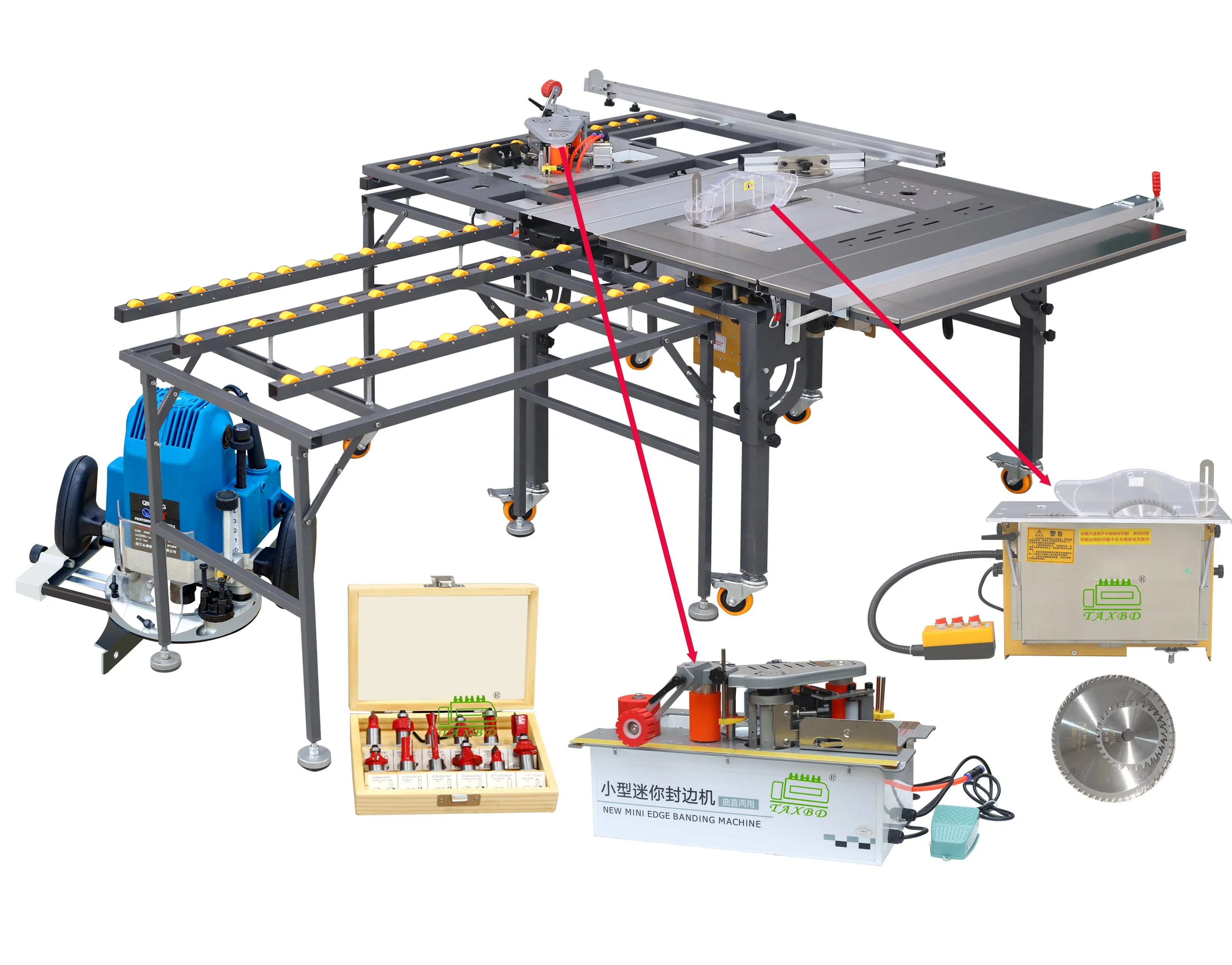 

Multifunctional compact woodworking saw table sliding table saw woodworking workstation for panel cutting and edge banding