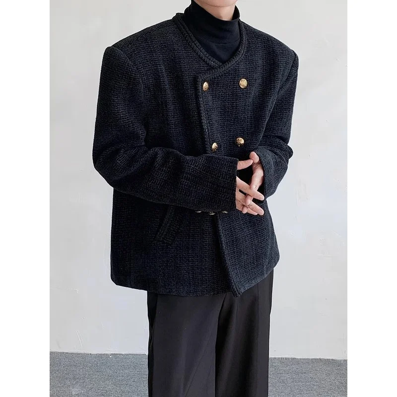 

High-end Padded Shoulder Double-breasted Short Woolen Jacket Men, Collarless Wool Coat