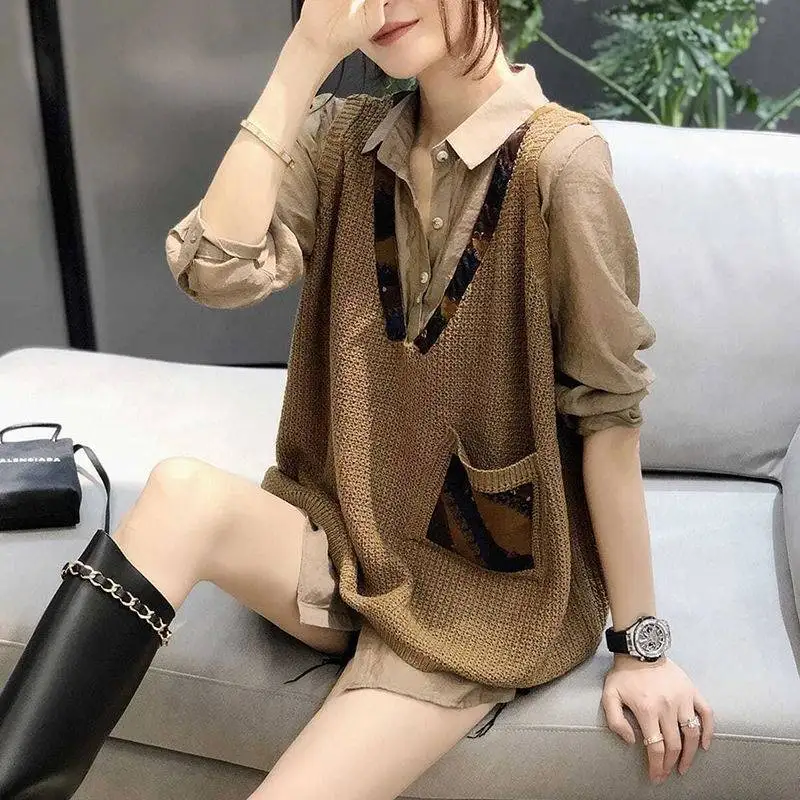 

Spring and Autumn Women's Pullover V-neck Sleeveless Solid Knitted Pockets Distressed Fashion Vacation Sweater Shirt Vest Set