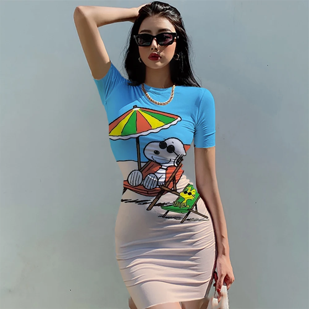 Tight Mini Dress Summer Charlie Brown Snoopy Cartoon Print Design Party Beach American Comics Peanuts Comics Cool