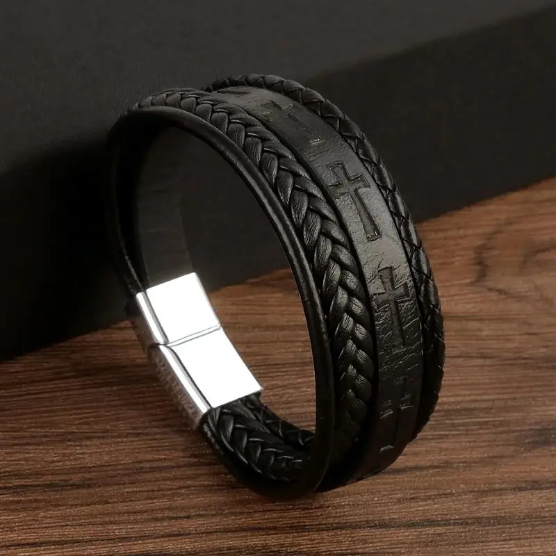 2023 New Men Cross logo Leather Bracelet Vintage Handwoven Hip-Hop Punk Bracelets Hand Jewelry Gifts Dropshipping