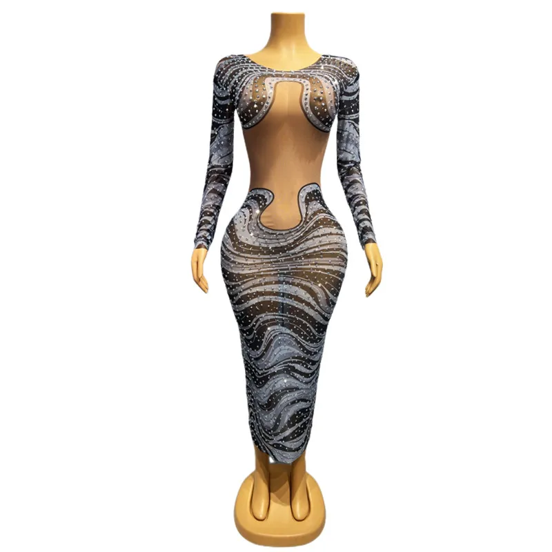 

Sexy Transparent Zebra Pattern Rhinestones Club Dress Long Sleeve Tight Nightclub Party Stage Costume Festival Show Rave Outfit