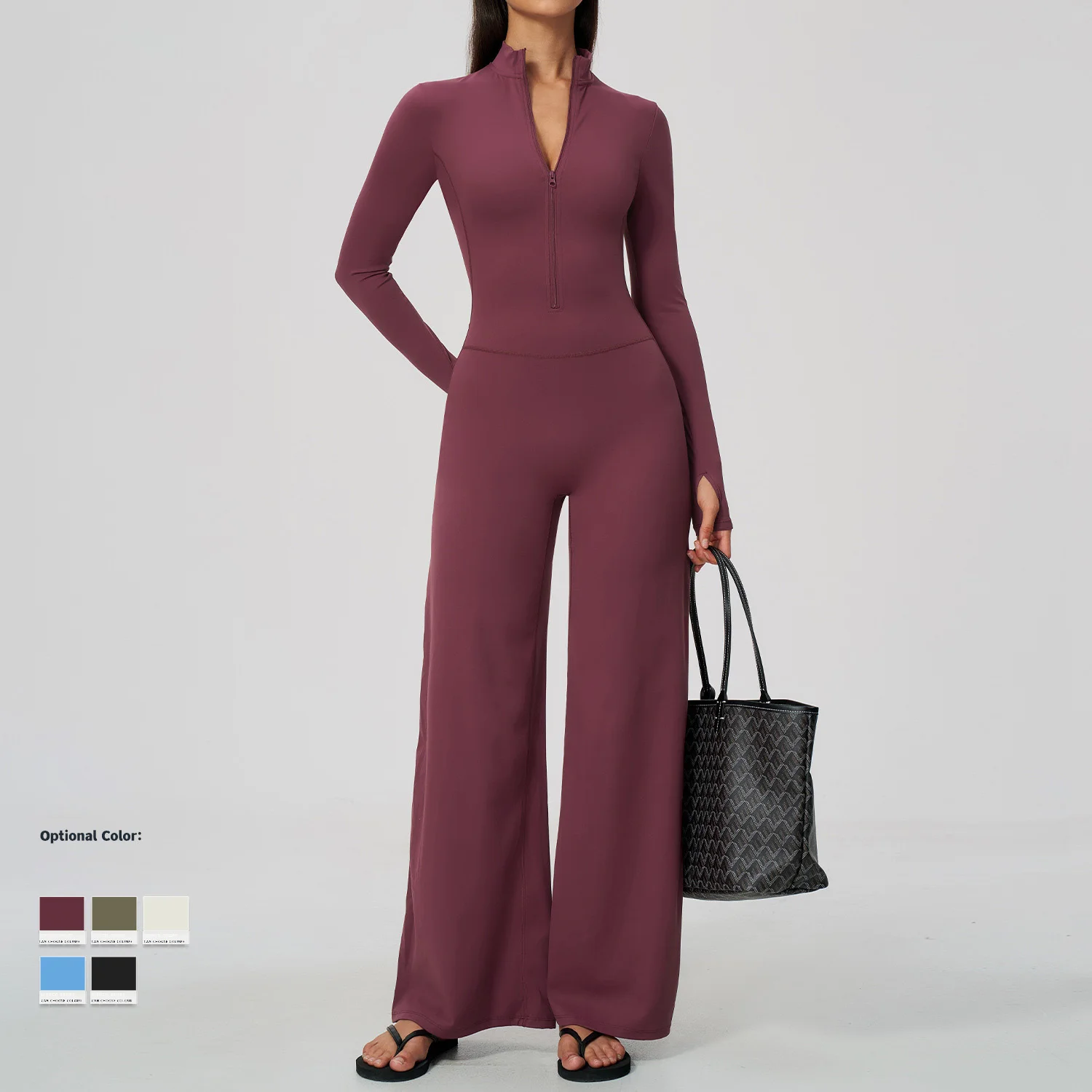 Women Bodysuit Half Zip Yoga Jumpsuit Sportswear Long Sleeve Thumb Hole Wide Straight Leg Pants Gym Set Running Workout Outfits