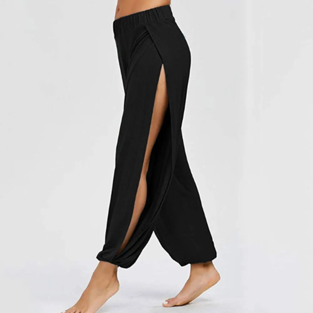 Hip Hop Style Women Harem Pants High Waist Side Slit Design Wide Leg Casual Trousers Solid Color Dance Pants
