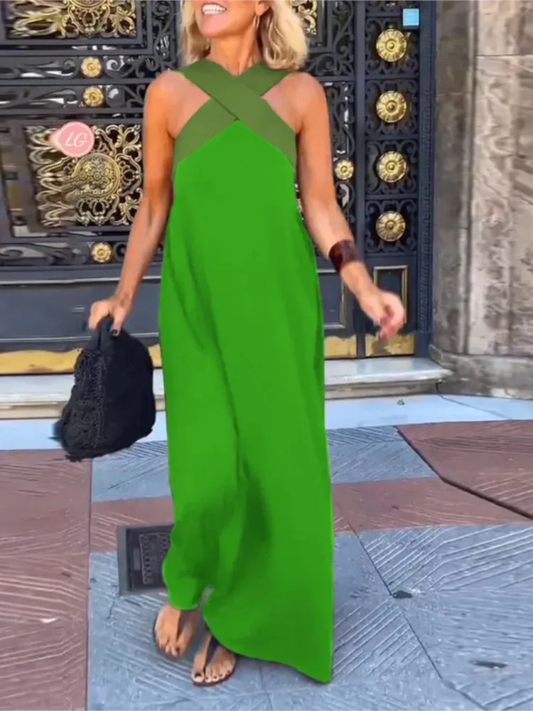 Summer Casual Loose Beach Dresses Fashion Off Shoulder Multi-color Holiday Dress 2025 New Women Halter Color Blocked Long Dress - Image 3