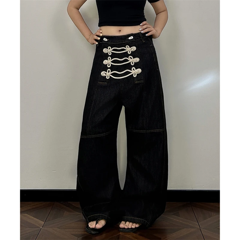 Women's White Buckle Decoration Black Jeans Street Casual Pants Wide Leg Bottoms Unisex Sweatpants Female High Waist Trousers